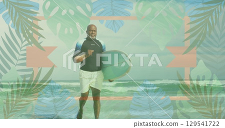 Image of leaves over senior african american man running on beach with surfboard 129541722
