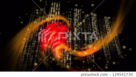 Image of light trails over data processing on black background 129541730