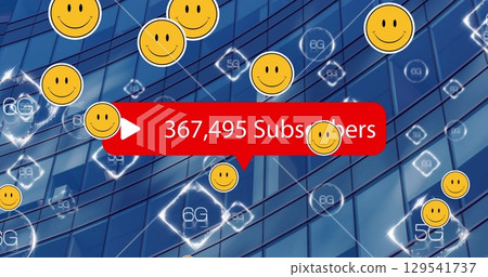 Image of social media icons with growing number and 6g overs modern building 129541737