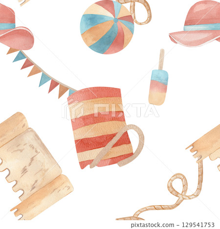 Watercolor beach-themed seamless pattern featuring a striped bag, beach ball, sun hats, sandcastle on a white background. Perfect for summer textiles, packaging, baby products, scrapbooking, banners Watercolor beach-themed seamless pattern featuring a striped bag, beach ball, sun hats, sandcastle on a white background. Perfect for summer textiles, packaging, baby products, scrapbooking, banners 129541753