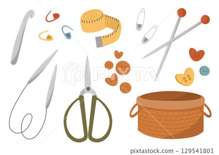 Needlework. Various sewing tools. Needles, scissors, buttons. Hand drawn colored vector set. Cartoon style, flat design. All elements are isolated Needlework. Various sewing tools. Needles, scissors, buttons. Hand drawn colored vector set. Cartoon style, flat design. All elements are isolated 129541801