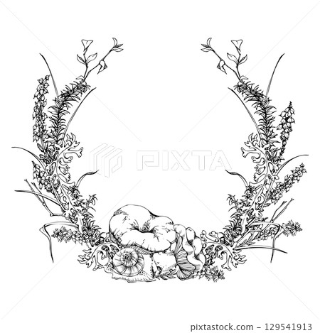 Russula webcap mushroom with snail, heather flowers, horsetail plant, berry branches twigs pine needles, moss lichen growth. Forest woodland natural habitat wreath frame hand drawn in vector ink. Russula webcap mushroom with snail, heather flowers, horsetail plant, berry branches twigs pine needles, moss lichen growth. Forest woodland natural habitat wreath frame hand drawn in vector ink. 129541913
