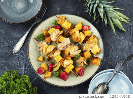 Fruit and meat skewers, BBQ with kebab. 129541968