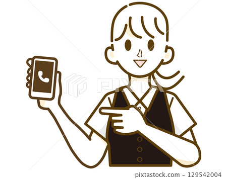 Smiling female staff pointing at smartphone Smiling female staff pointing at smartphone 129542004