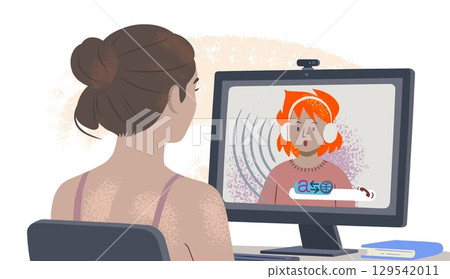 Woman Engaged in Virtual Meeting at Home Office with Digital Tools and Technology. Real Time Translation. Woman Engaged in Virtual Meeting at Home Office with Digital Tools and Technology. Real Time Translation. 129542011