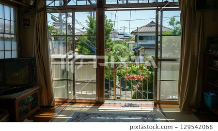 A sunny balcony view from the bay window 129542068