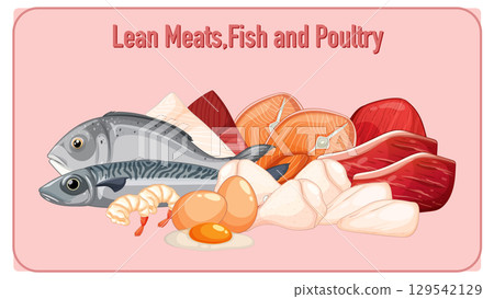 Assorted Lean Meats, Fish, Eggs, and Poultry Illustration Assorted Lean Meats, Fish, Eggs, and Poultry Illustration 129542129