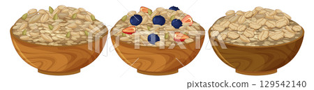Three Wooden Bowls of Oatmeal with Fruit and Seeds 129542140
