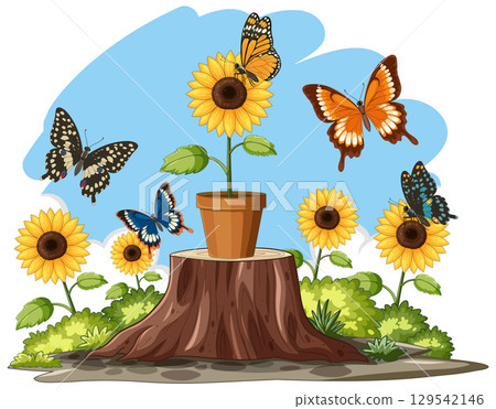 Vibrant Butterflies and Sunflowers in Vector Art 129542146