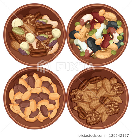 Assorted Nuts and Beans in Wooden Bowls Top View Assorted Nuts and Beans in Wooden Bowls Top View 129542157