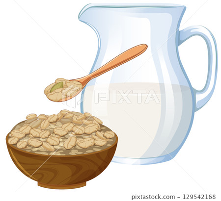 Oatmeal Breakfast with Wooden Bowl and Milk Pitcher Oatmeal Breakfast with Wooden Bowl and Milk Pitcher 129542168
