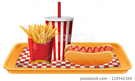 Fast Food Tray with Hot Dog, Fries, and Soda 129542169