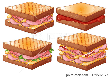 Grilled Ham and Cheese Sandwiches in Cartoon Style 129542174