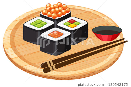 Assorted Sushi Rolls on Wooden Plate with Chopsticks 129542175
