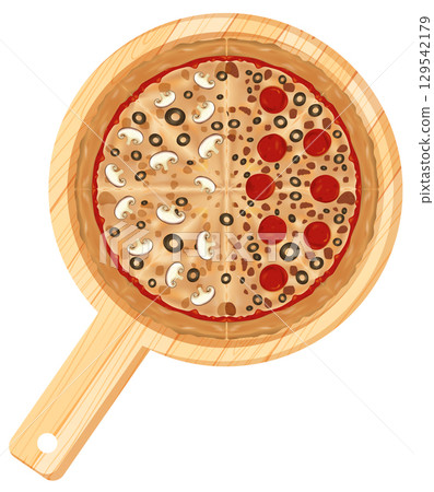 Half Mushroom and Pepperoni Pizza on Wooden Board 129542179