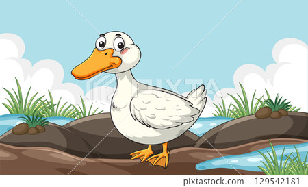 Cartoon Platypus Standing on Rocky Riverbank 129542181