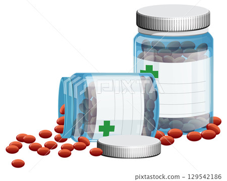 Prescription Pill Bottles With Spilled Red Tablets 129542186