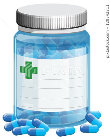 Prescription Pill Bottle with Blue Capsules Illustration Prescription Pill Bottle with Blue Capsules Illustration 129542211