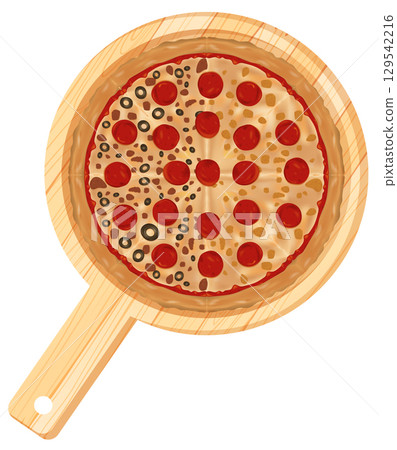 Pepperoni and Olive Pizza on Wooden Board Illustration Pepperoni and Olive Pizza on Wooden Board Illustration 129542216