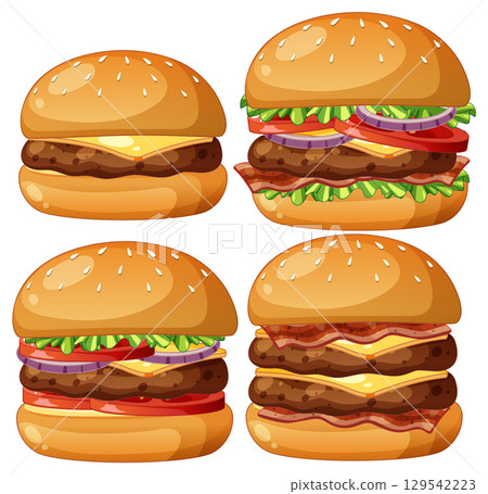 Set of Four Juicy Cheeseburgers Vector Illustration Set of Four Juicy Cheeseburgers Vector Illustration 129542223