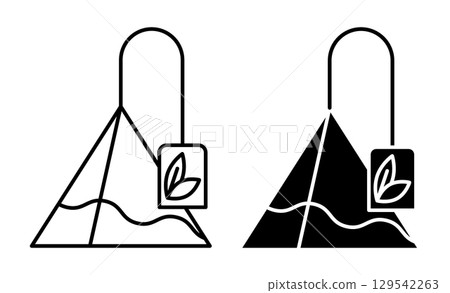 Linear icon. Pyramid shaped tea bag with paper tag. Simple black and white vector isolated on white background Linear icon. Pyramid shaped tea bag with paper tag. Simple black and white vector isolated on white background 129542263