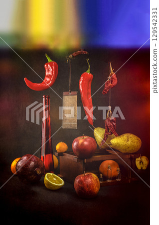 Still life with red pepper, pomegranate and fruit 129542331