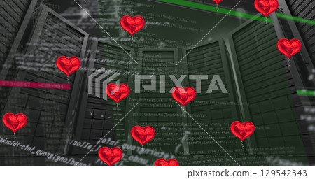 Image of red hearts and data processing over server room 129542343