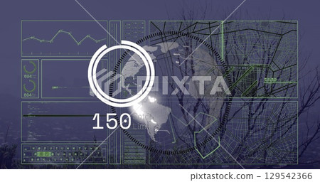 Image of globe and data processing over landscape 129542366