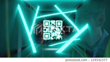 Image of qr code and neon shapes over asian businessman in server room Image of qr code and neon shapes over asian businessman in server room 129542377