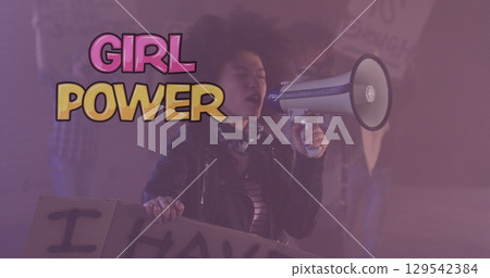 Image of girl power text over diverse women holding banners and megaphone Image of girl power text over diverse women holding banners and megaphone 129542384