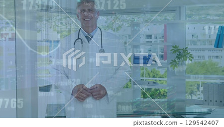Image of data processing over caucasian doctor 129542407