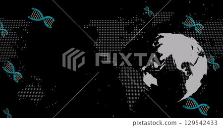 Image of falling dna strand over world map and globe on dark background Image of falling dna strand over world map and globe on dark background 129542433
