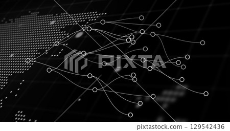 Image of network of connections and world map over black background 129542436
