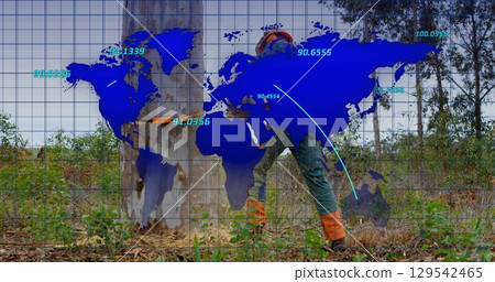 Image of world map over lumberjack Image of world map over lumberjack 129542465