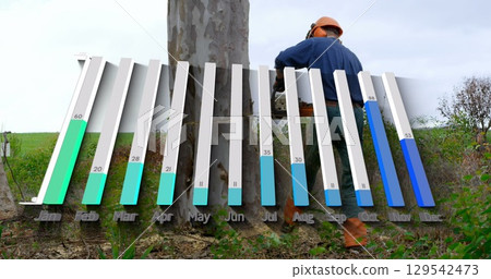 Cutting helmeted logger using chainsaw on tree trunk in field, with 3D bar chart, copy space Cutting helmeted logger using chainsaw on tree trunk in field, with 3D bar chart, copy space 129542473