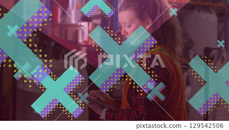 Image of crosses over caucasian female refinery worker 129542506