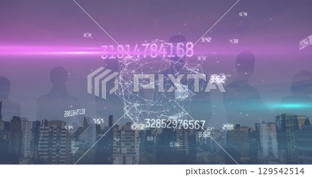 Image of data processing and network of connections over cityscape 129542514
