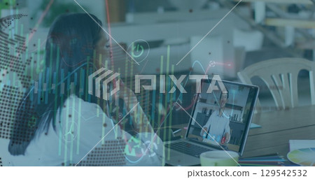 Image of data processing and globe over businesswoman using laptop 129542532