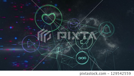 Image of blue dots over connections with icons on black background Image of blue dots over connections with icons on black background 129542559