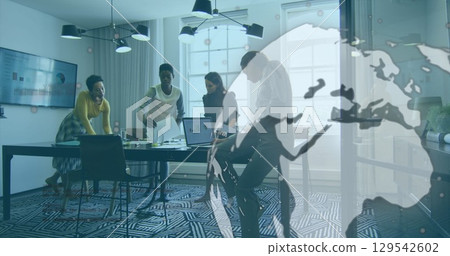 Image of data processing and globe over diverse business people 129542602