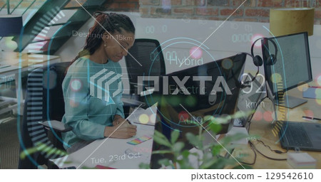 Image of data processing over african american businesswoman in office 129542610