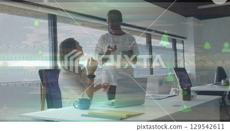 Image of digital interface with data processing over male doctor using tablet 129542611