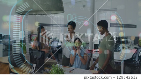 Image of data processing over diverse business people in office 129542612