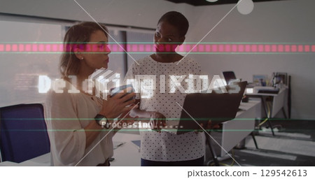 Image of data processing over diverse business people in office 129542613