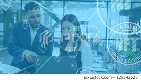 Image of scope scanning with nft text over diverse business people in office 129542620