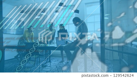 Image of financial data processing over diverse business people in office 129542624