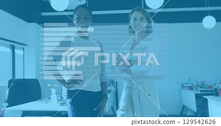 Image of financial data processing over diverse business people in office 129542626