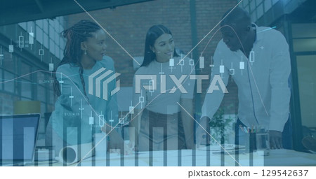 Image of statistics and data processing over man using computer and city street Image of statistics and data processing over man using computer and city street 129542637