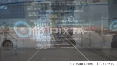 Image of data processing over caucasian businesswoman with baggage 129542649