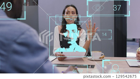 Image of social media icons over woman talking with man in office 129542675